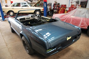 The W123 200 on the lift was in for a routine service, while the mint blue Pagoda has undergone a full restoration.