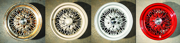 These four photos show the stages involved, from original rusty state to bare metal, to undercoat to finished top colour.