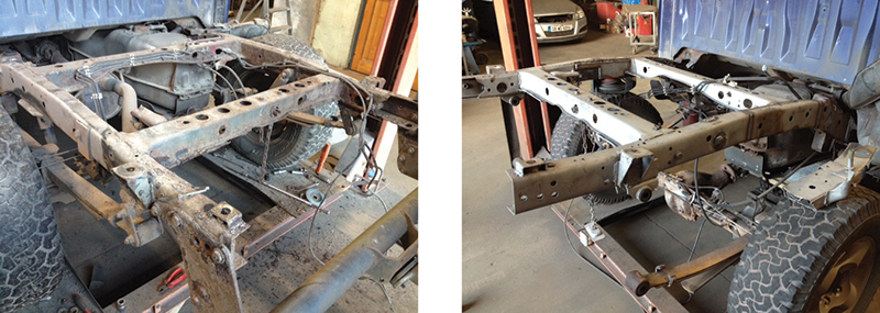 These 'before and after' images show the effect of SP Heat Transfer's zinc spray galvanizing on a jeep chassis. After welding and rust repairs the chassis has been sprayed with a molten zinc spray, which when done correctly should keep rust at bay indefinitely. SP Heat Transfer are specialists in this cutting-edge process, and the results are extremely impressive.