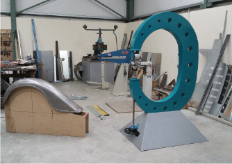 This beautiful 36-inch English wheel was recently fabricated by Brendan and his son Brendan Jr., after none of the ones on offer came up to his standards!